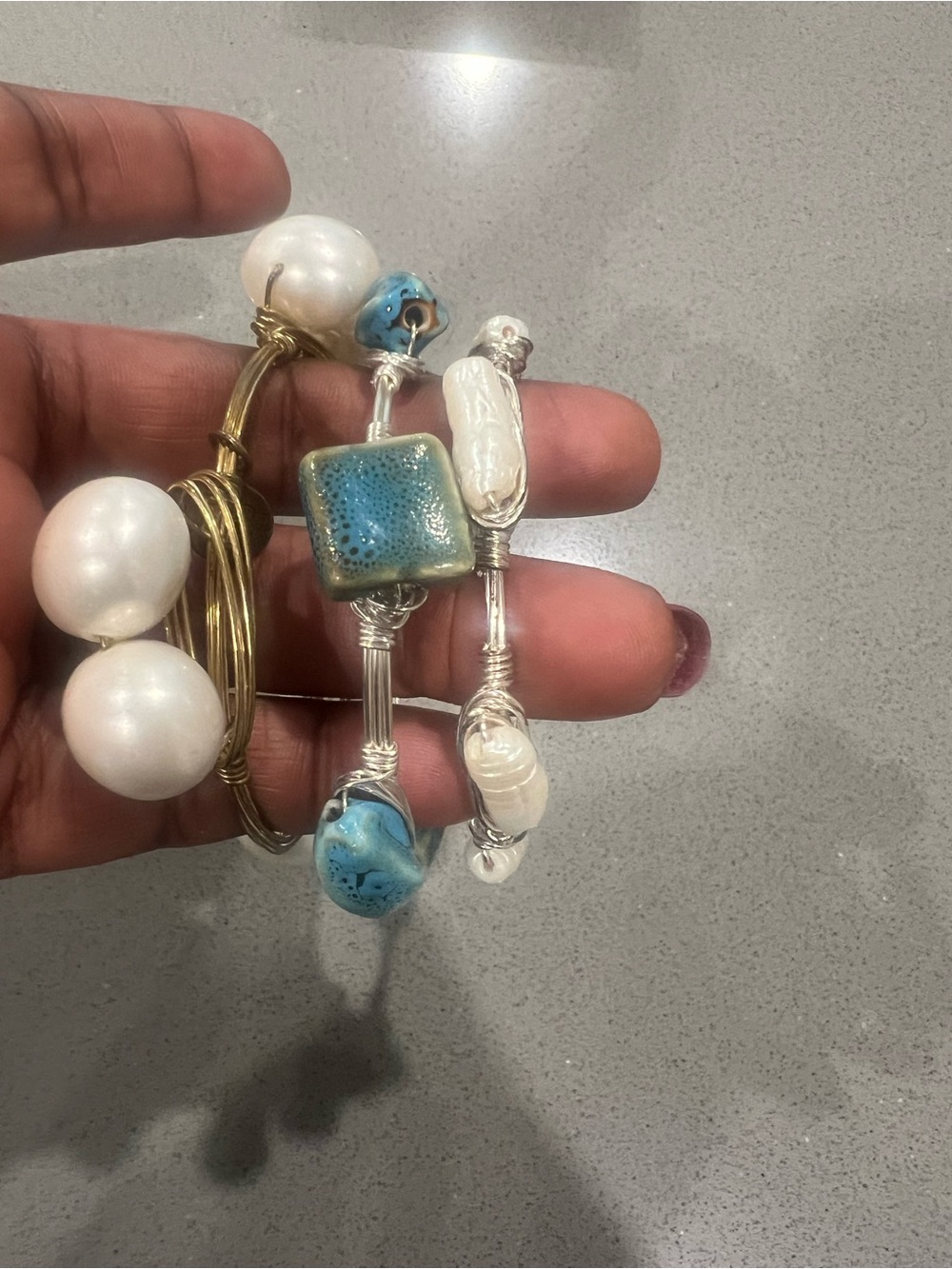 Handmade Blue and White Pearl Wire-Wrapped Bracelets - Set of 3